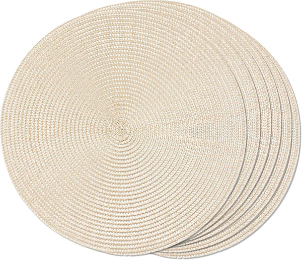 FunWheat Round Braided Placemats Set of 6, 15 inch Non-Slip Washable Table Mats for Dining Tables (Beige, 6pcs)