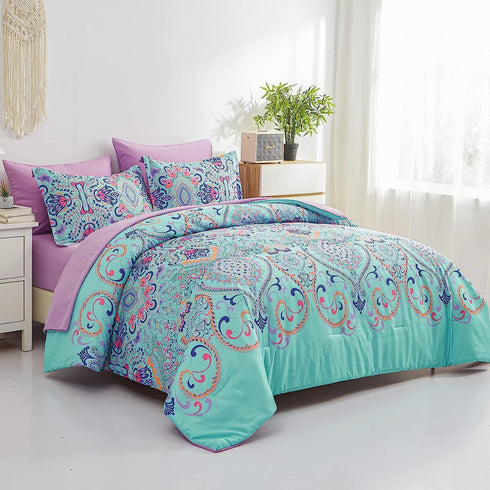Set, 5 Set DHSFKBE Twin Comforter Piece Bed in a Bag, Boho Aqua and Lilac Damask Medallion Print Comforter with Sheets