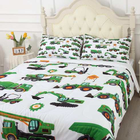 Set Sets Set 1 1 Comforter Green Tractor: Twin Size Cartoon Excavator Truck Car Bedding for Boys Kids Teens Toddler