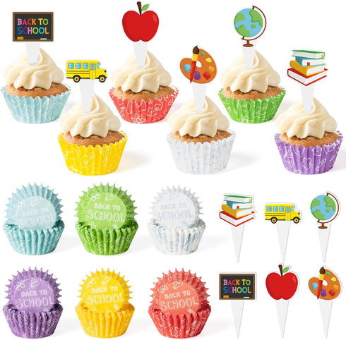 300pcs Back to School Cupcake Liners, Mini Cake Baking Cups with Toppers for First Day of School (6 Styles).