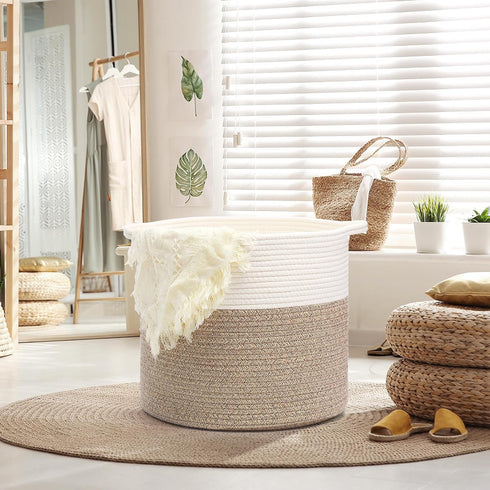 Laundry Hamper, Pure Cotton Rope Woven Basket for Dirty Clothes, 15.5 * 13.5 inches-40L White & Brown Mixed