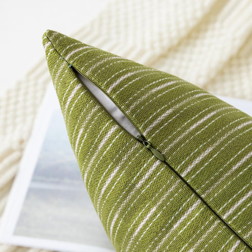 18x18, Set 2, Kevin Textile Light Green and Beige Farmhouse Striped Patchwork Linen Spring Decorative Throw Pillows
