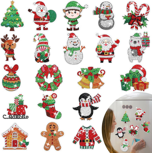 Whaline 20Pcs Christmas Diamond Drawing Magnets, DIY Xmas Rhinestone Painting Full Drill Magnetic Stickers for Home
