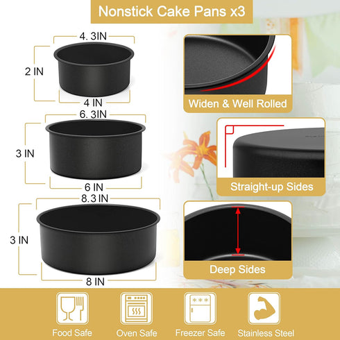 E-far Deep Cake Pan Set | 3 Nonstick Stainless Steel Round Cake Pans for Baking Layer Cakes