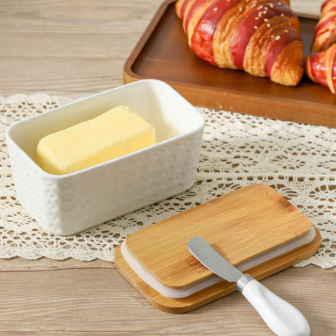 Large Ceramic Butter Dish with Lid, Airtight Cover for Countertop or Refrigerator, White Embossed Pattern