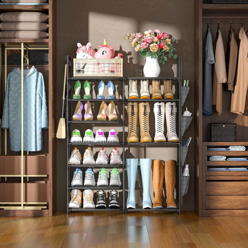 7 Closet, 24-28 Kottwca Tiers Shoe Rack Metal Shoe Organizer for Entryway Pairs Stackable Shoe and Boots Shelf Storage