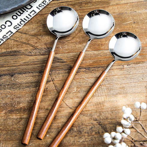 Retro Wooden Handle Spoon Set - 4 Pcs Stainless Steel Serving Tablespoons, Wooden Dinner Spoon, Silver Silverware with