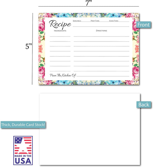 Pioneer Woman Style Floral Recipe Cards (50 Pcs) Flower Recipe Cards, Floral Index Cards, Blank Back Recipe Notecards, Perfect for Bridal Shower (50, 5"x7”) by Sister Novelties