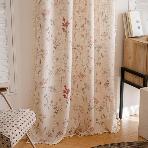 RoomTalks 96 Inches Boho Farmhouse Living Room Curtain Privacy Linen Fabric, Cute Vintage Floral Botanical Aesthetic