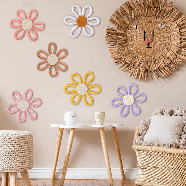 Zeyune 6 Pcs Boho Nursery Daisy Flower Wall Art Decor Woven Macrame