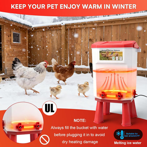 3 Control,Red,12.5 8.3 inch 8.3 Gallon Heated Chicken Waterer for Winter Automatic Chicken Water Heater,Adsjustable