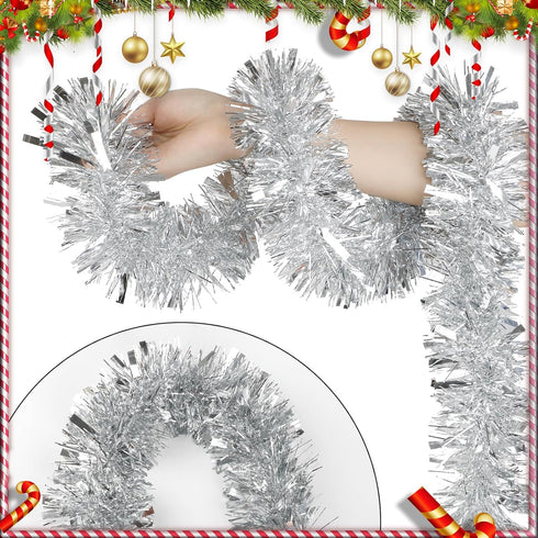 DECORA 33 Feet Silver Tinsel Garland, Metallic Hanging Tinsel for Christmas Tree Home and Party Decoration