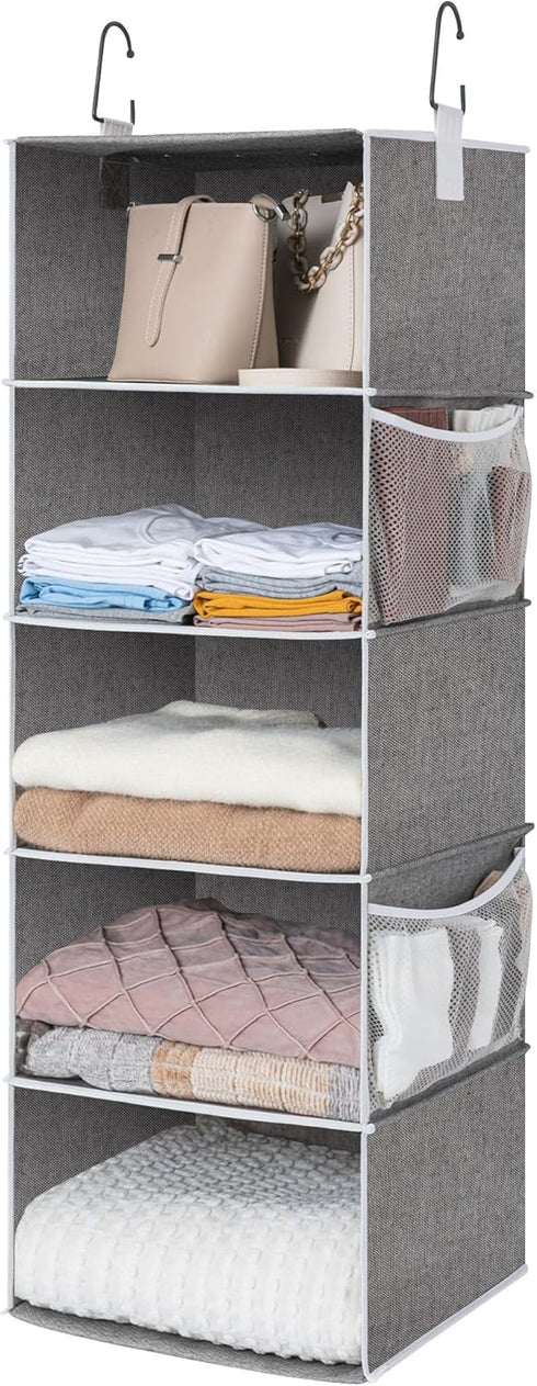 StorageWorks 5-Shelf Hanging Shelves for Closet, Foldable Hanging Closet Organizers with 2