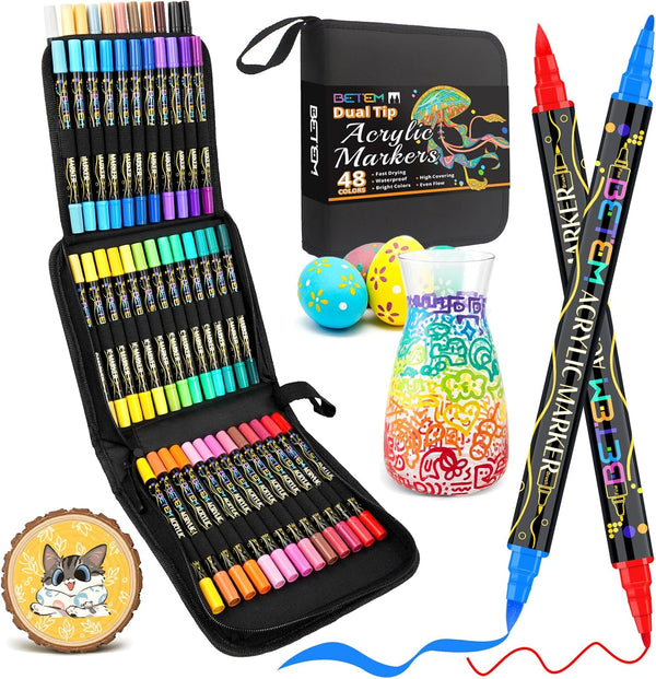 Betem Paint Markers Acrylic Paint Pens, Dual Tip 48 Colors Acrylic Markers