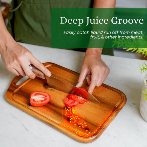 Acacia Wood Cutting Board with Juice Groove, Grip Handle for Meat, Vegetables, and Cheese, Knife Friendly