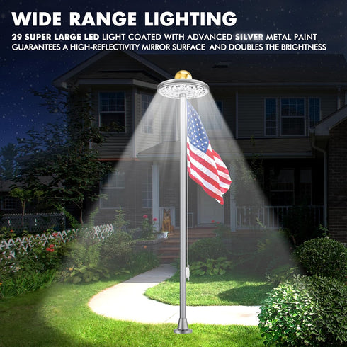 8 29 15-25 20 Flagpole Light Solar Powered, Auro Silver Flag Pole Light Bright Huge LED for Ft Outdoor Flag Poles, Hour