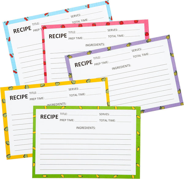 Recipe Cards 50 PCS 4x6 inch Double Sided Thick Card Stock - Original 5 Fruit Design for Recipe Binder or Box Gift