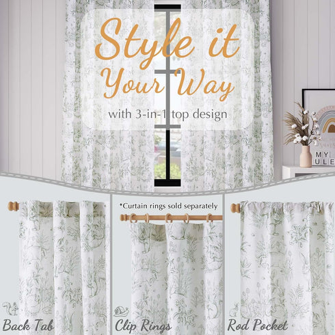 jinchan 84 inch Country Set 2 Linen Nursery Curtains Long Woodland Wildlife Sage Green Print Drapes for Kid's Room