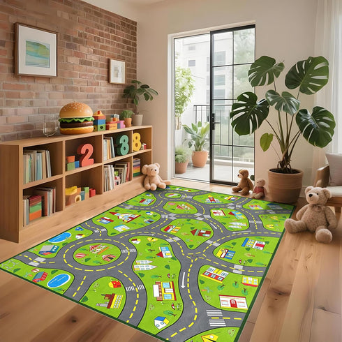 3x5 Car Play Rug City Life Traffic Road Kids Rug, Educational Road Carpet Kids Play Mat for Floor Nursery Toddler