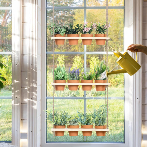 FillTouch 3 12 Tiered Hanging Herb Planters Hanging Herb Garden Wall with Pcs Nursery Pot Wood Vertical Window Plant