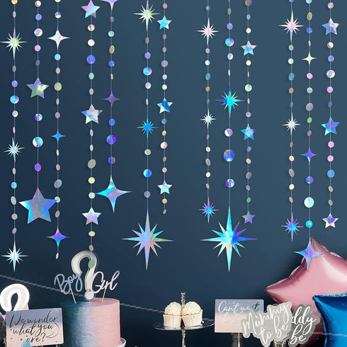 Iridescent Party Decorations, Star Circle Dot Paper Garland Banner for Kids Birthday, Baby Shower, Wedding, Festival