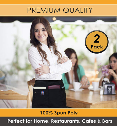 Brtex Server Aprons with 5 Pockets (2 Pack) - Commercial Grade Black Waist Aprons for Women Men, Restaurants Cafes Bars
