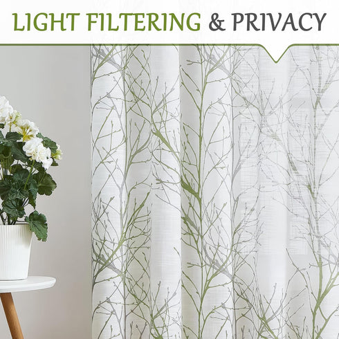 FMFUNCTEX Green White Sheer French Door Curtains 40 Inches Long, 50 Inches Wide, 1 Panel with Tieback, Branch Tree Print