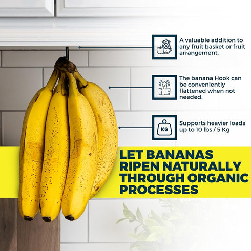 Banana Hanger - Under Cabinet Hook for Bananas, Black, Self-adhesive, Folds-up When Not in Use