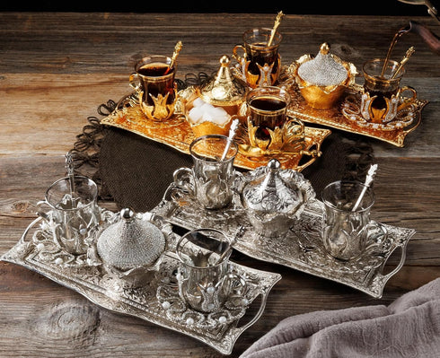 DEMMEX Set 2 2 3.3 oz 12" 5" Turkish Tea and Coffee Serving for Includes Glasses, Metal Glass Holders, Saucers, Spoons