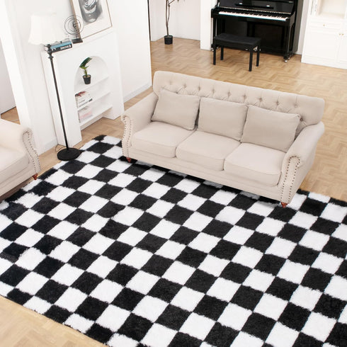 TOOHUB 5x7 Super Soft Rug for Bedroom, Ft Black and White Area Rug Classic Checkered Shaggy Anti-Skid High Pile Soft