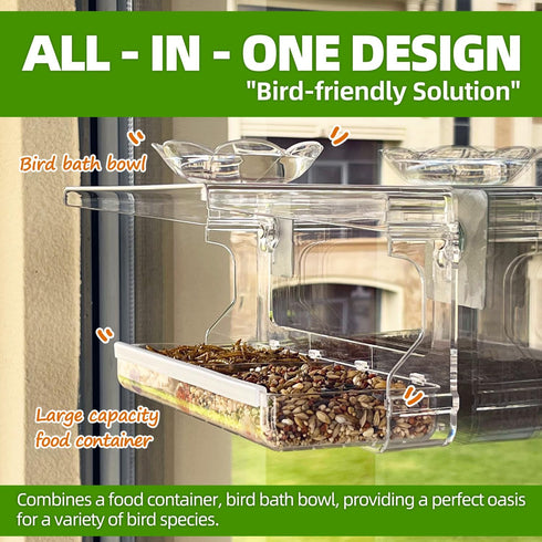 Window Bird Feeder with Non-Marking Self-Adhesive Hooks - Clear Transparent Bird House for Outside
