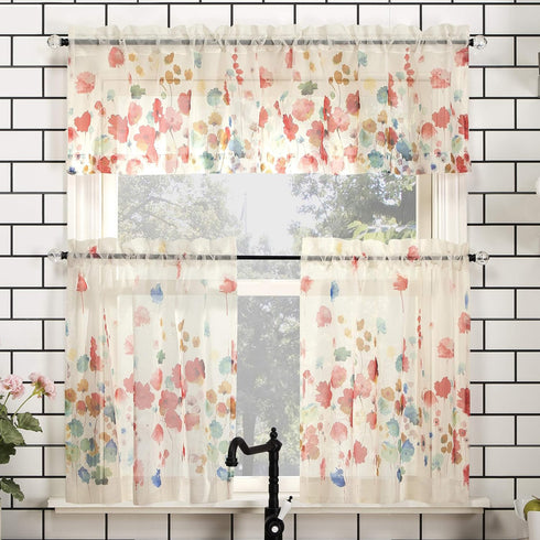 No. 918 Rosalind Watercolor Floral Semi-Sheer Kitchen Curtain Valance and Tiers Set, 54" x 24", Poppy Red