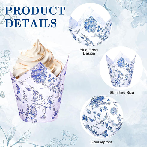Whaline 200Pcs Blue Floral Cupcake Liners, Chinoiserie Muffin Baking Wrappers for Bridal, Baby Shower, Wedding,