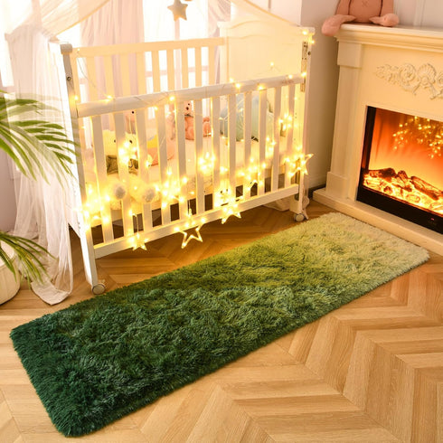 DweIke Luxury Shag Area Rug, 2x6 Feet Gradient Dark Green Rug Runner, Non-Slip Extra Comfy Plush Bedroom Decor