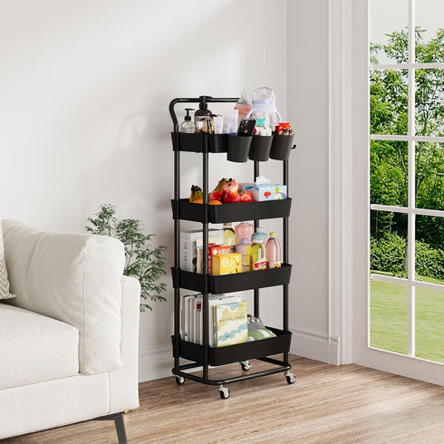 4-Tier Buzowruil Rolling Utility Cart, Storage Cart with Handle Multi-Purpose and Locking Wheels,with Hanging Basket
