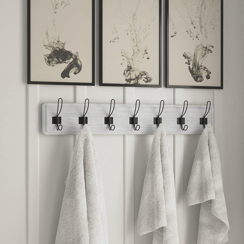 HBCY Creations Whitewash Solid Wood Wall Mounted Coat Rack with Shelf, 7 Hooks, 34" Long for Kitchen, Mudroom, Entryway