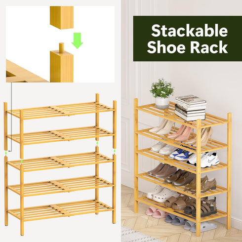 Closet 3 Bamboo Shoe Rack for Tier, Durable Wooden Shoe Rack, Space-Saving Stackable Shoe Organizer for Entryway, Dorm