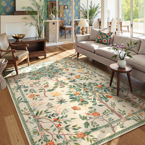 Lanffia 5x7 Botanical Washable Area Rug, Soft Whimsical Non Slip Rugs for Nursery, Beige Tree Plant Indoor Floor Throw
