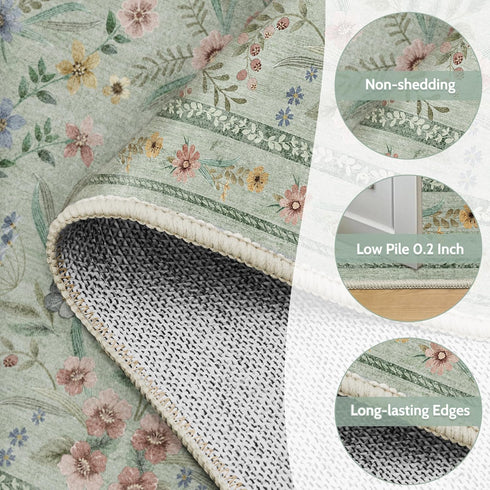 Girls,5x7 Green Floral Rug for Washable Botanical Bedroom Rug for Nursery, Playroom or Kids Room,Soft Non-Slip Carpet