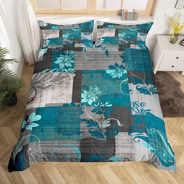 Grunge Ombre Boho Floral Bedding Set - Watercolor Artwork Comforter Cover, Queen Duvet Cover, Turquoise