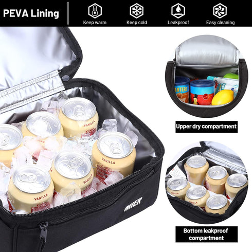 MIER 2 Compartment Lunch Bag, Leakproof Insulated Cooler Bag for Work, Black, for Men and Women