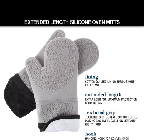 Silicone Oven Mitts – Extra Long Professional Quality Heat Resistant with Quilted Lining, 1 Pair Gray by Lavish Home