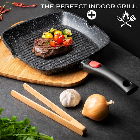 Moss & Stone 11In Square Grill Pan, Nonstick Die Casting Aluminum, Removable Handle for Indoor Cooking, Meats &