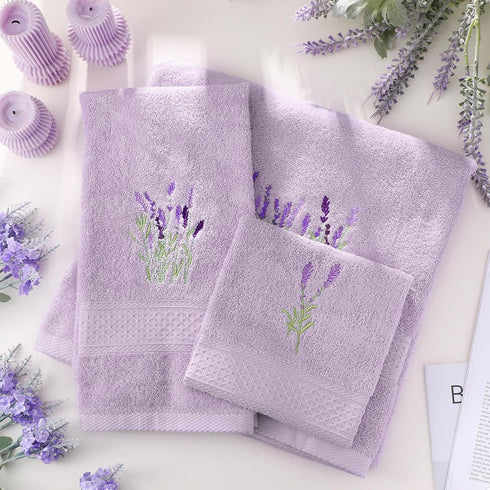 Hillsuren 3 Set 100% Set Pcs Lavender Floral Bathroom Towel Farmhouse Embroidered Lavender Floral Towels Vintage