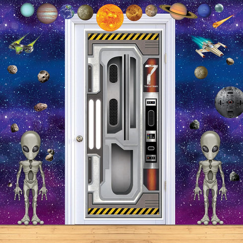 Beistle Set of 2 Plastic Spaceship Door Covers - Outer Space Galaxy Alien Theme Birthday Decorations