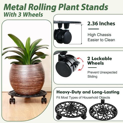 11 Inch 1 Pack Rolling Plant Stand with Wheels Wrought Iron Rolling Plant Stand with Casters Heavy Duty for Indoor