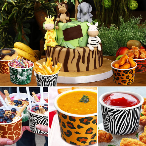 9 oz (50 Paper Ice Cream Cups Disposable Dessert Bowls Jungle Animal Theme Ice Cream Bowls Zoo Animal Print Snack Cups