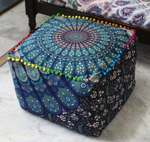18X18X14 inches, CRAFT KALA Indian Square Patchwork Traditional Pouf Cover Indian Living Room Pom Poufs Cover