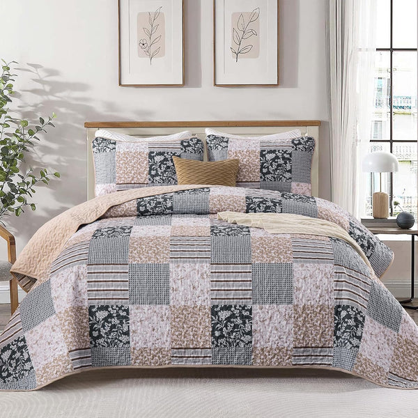 Mybedsoul Patchwork Quilt Set Queen Size, 3 Pieces Blue Brown Floral Plaid