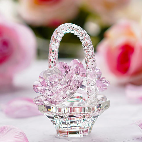 H&D HYALINE & DORA Glass Rose Flower Gift, Handcraft Pink Crystal Rose Flower Basket Figurine for Women